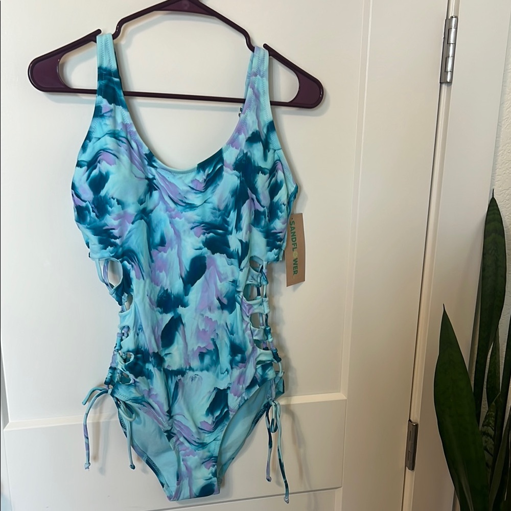 Blue and Purple One Piece Swimsuit with Fluid Design